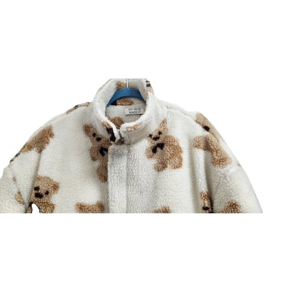 My Mum Made It Teddy Bear Sherpa Jacket Beige Brown Plush Fleece Coat Oversized - Picture 6 of 16